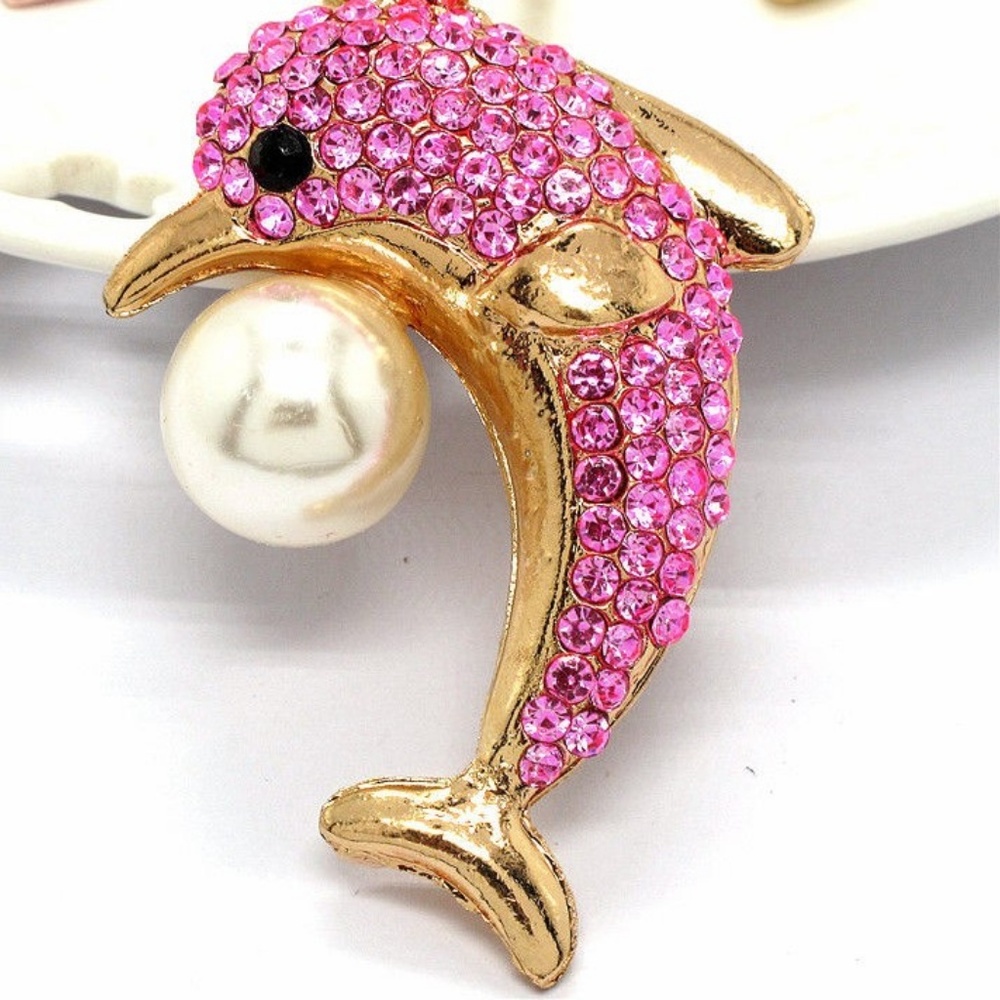 New Pink Crystal Pearl Dolphin Fish Necklace Long